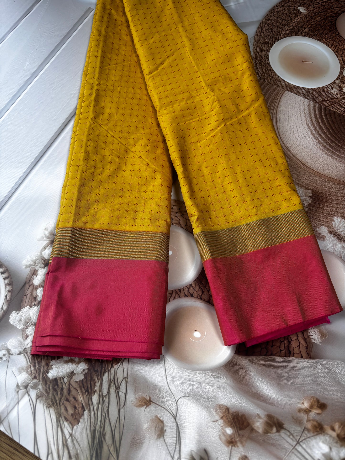 Vrindaa – Mustard Yellow & Maroon Soft Silk Saree