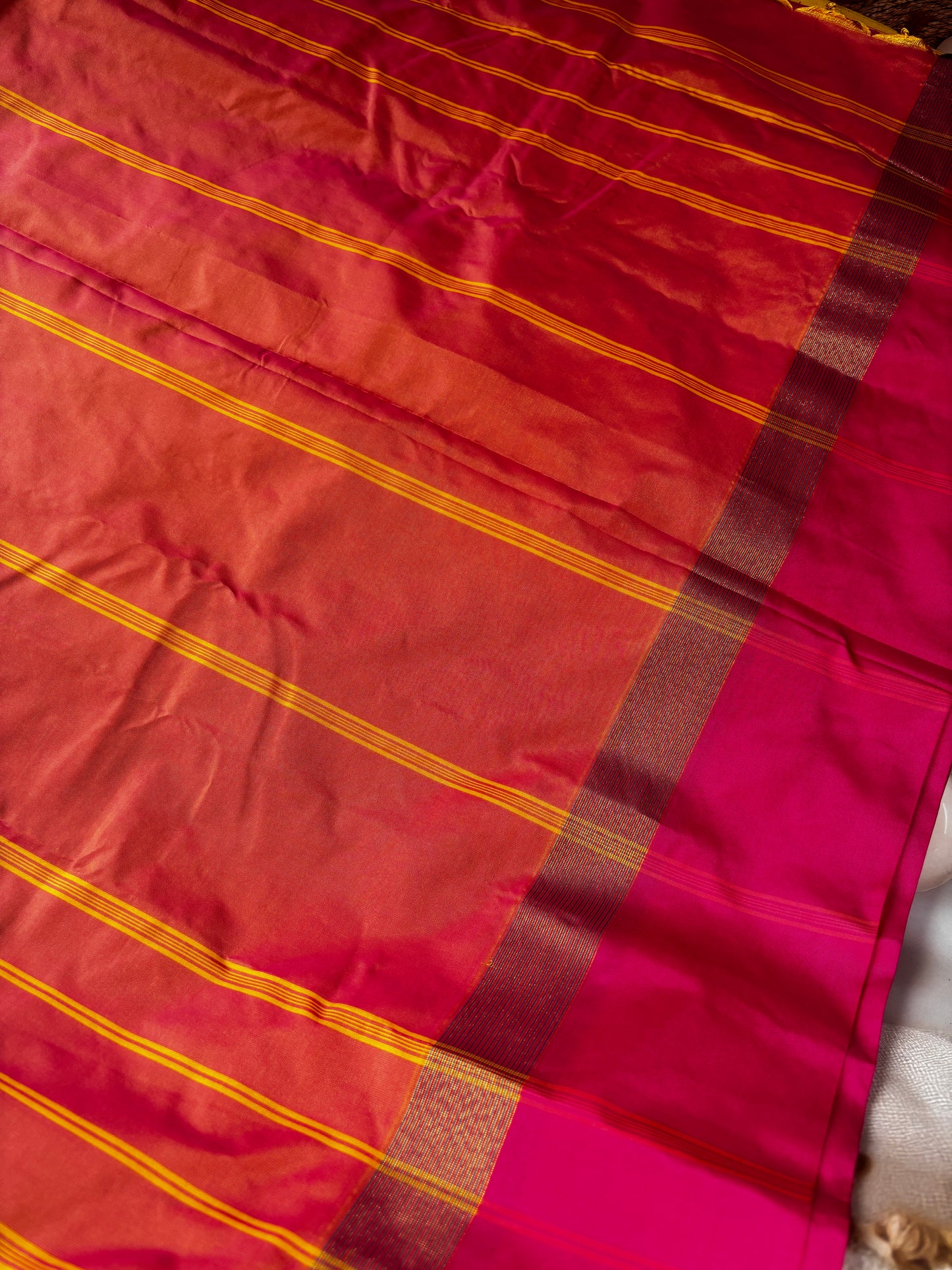 Vrindaa – Mustard Yellow & Maroon Soft Silk Saree