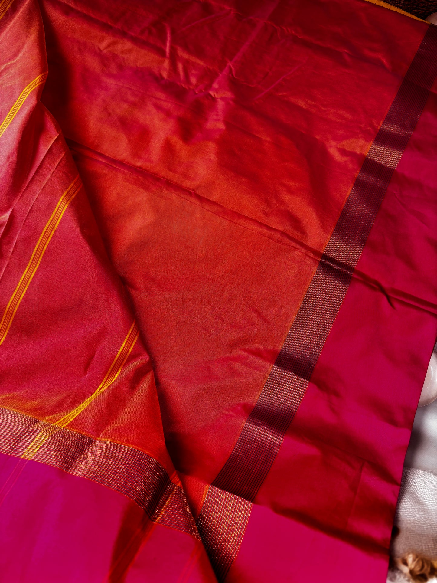 Vrindaa – Mustard Yellow & Maroon Soft Silk Saree