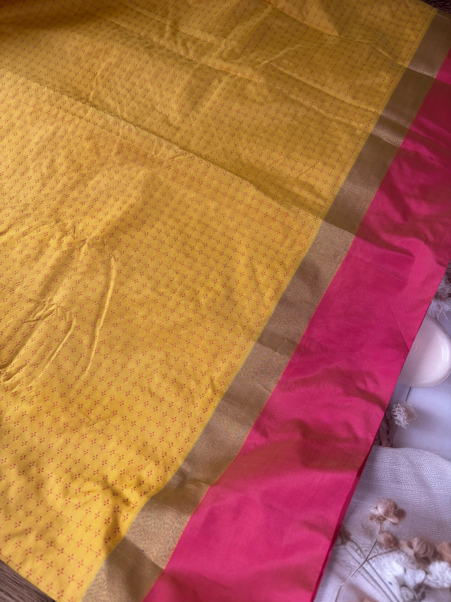 Vrindaa – Mustard Yellow & Maroon Soft Silk Saree