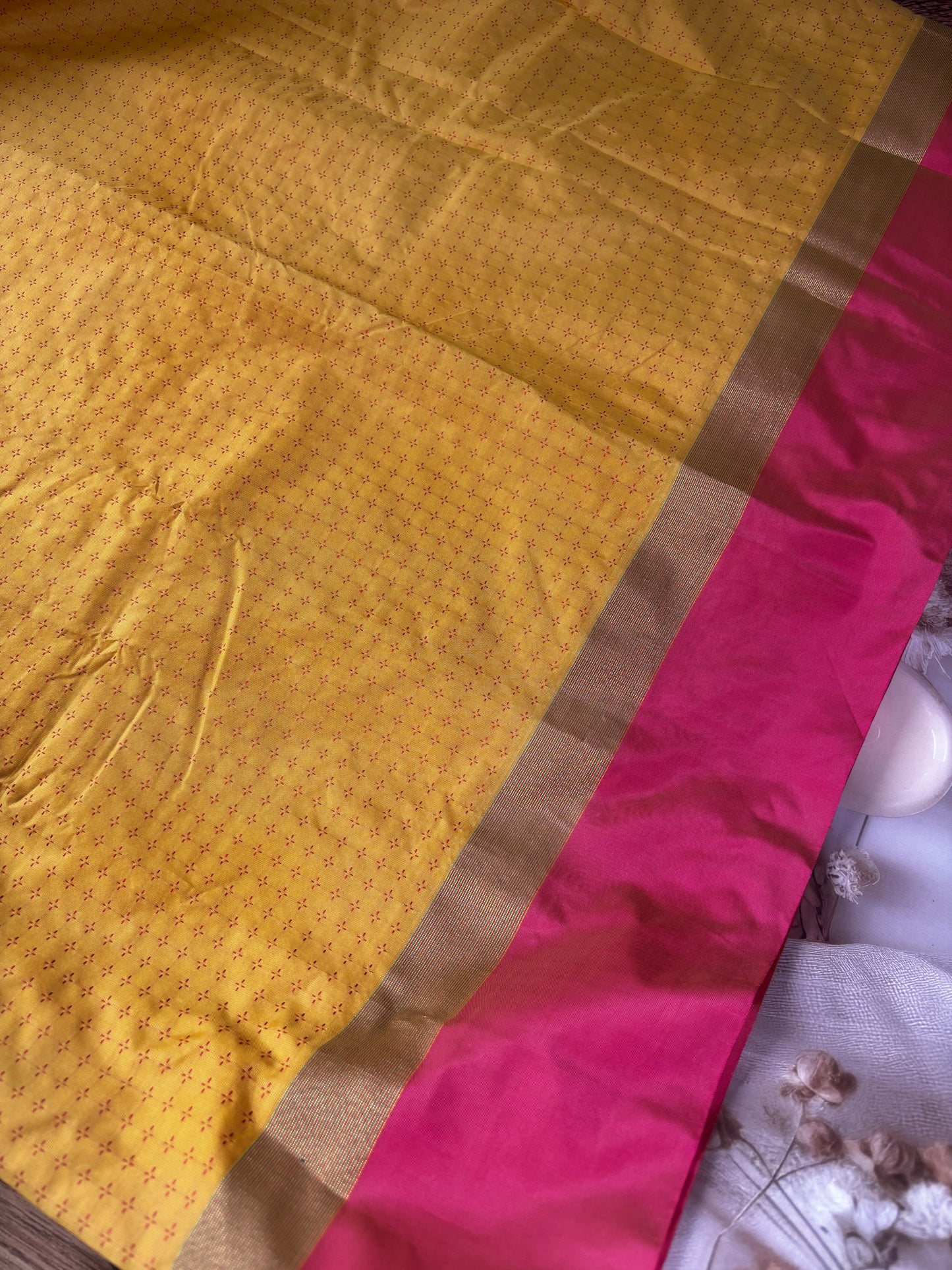 Vrindaa – Mustard Yellow & Maroon Soft Silk Saree