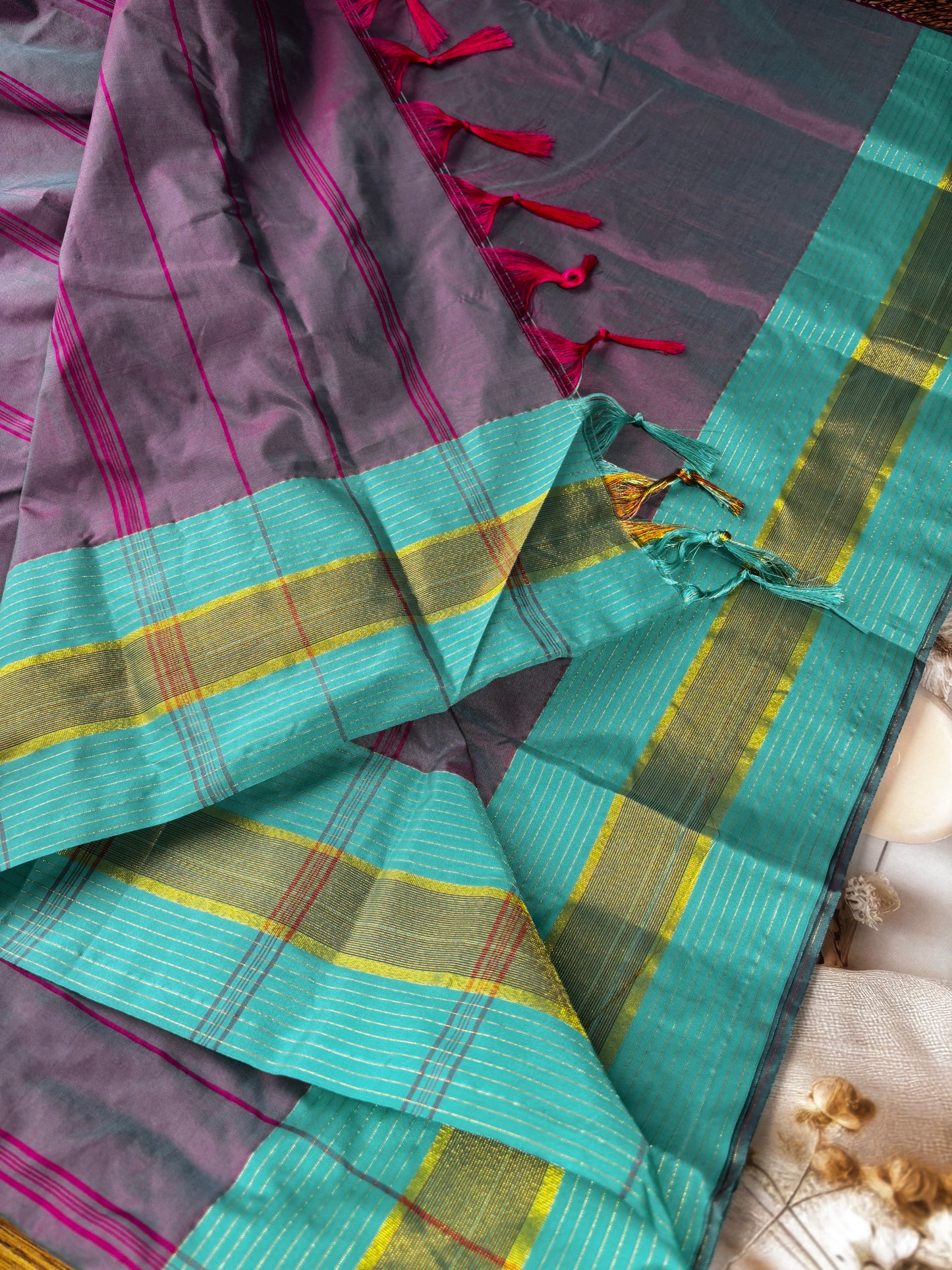 Vrindaa – Magenta & Grey Soft Silk Saree