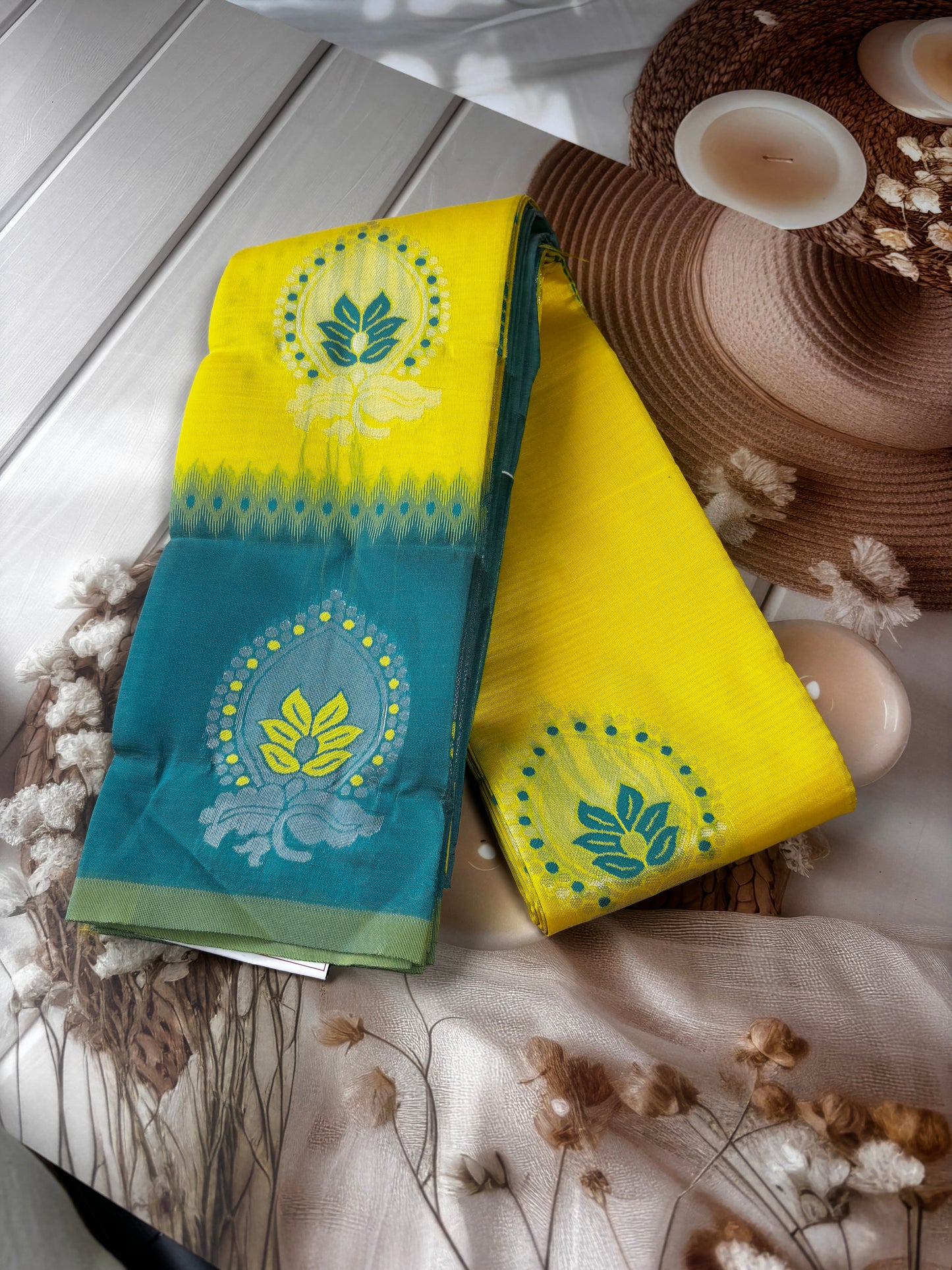 Harita Deepa Radiant Yellow & Teal Kanchivaram Soft Silk Saree
