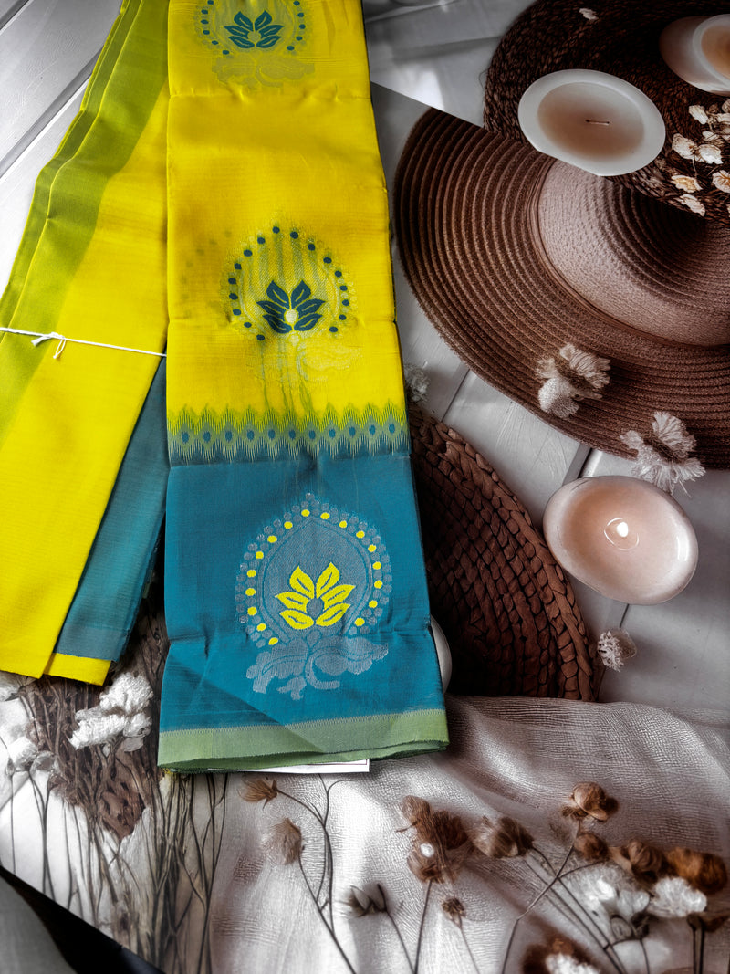 Harita Deepa Radiant Yellow & Teal Kanchivaram Soft Silk Saree
