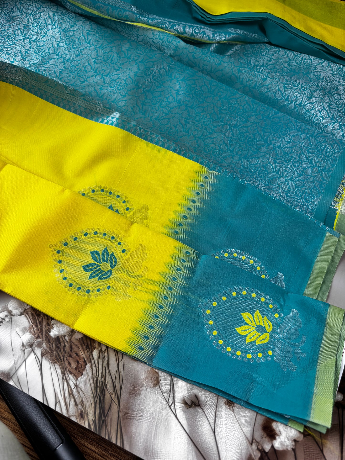 Harita Deepa Radiant Yellow & Teal Kanchivaram Soft Silk Saree