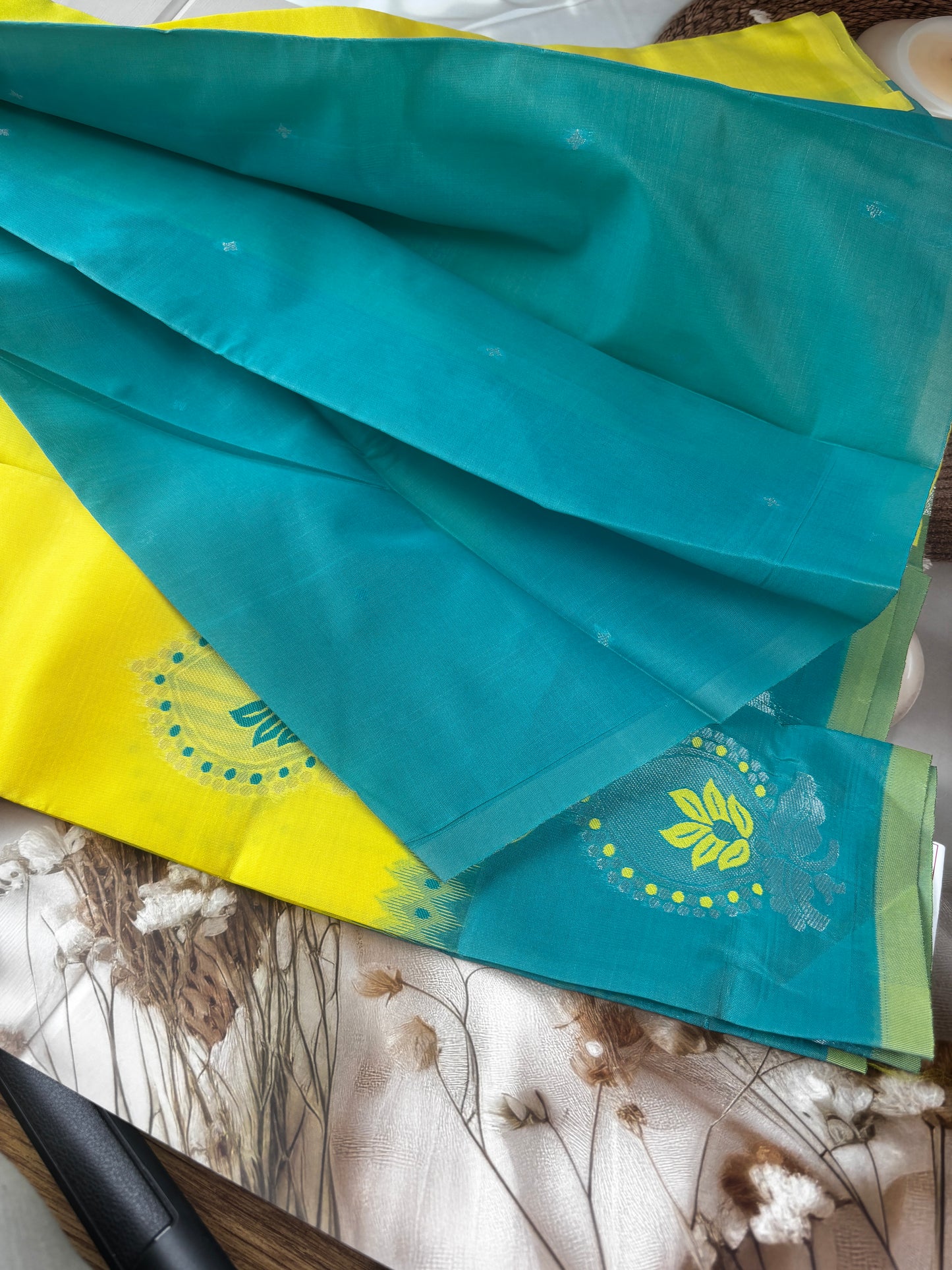 Harita Deepa Radiant Yellow & Teal Kanchivaram Soft Silk Saree