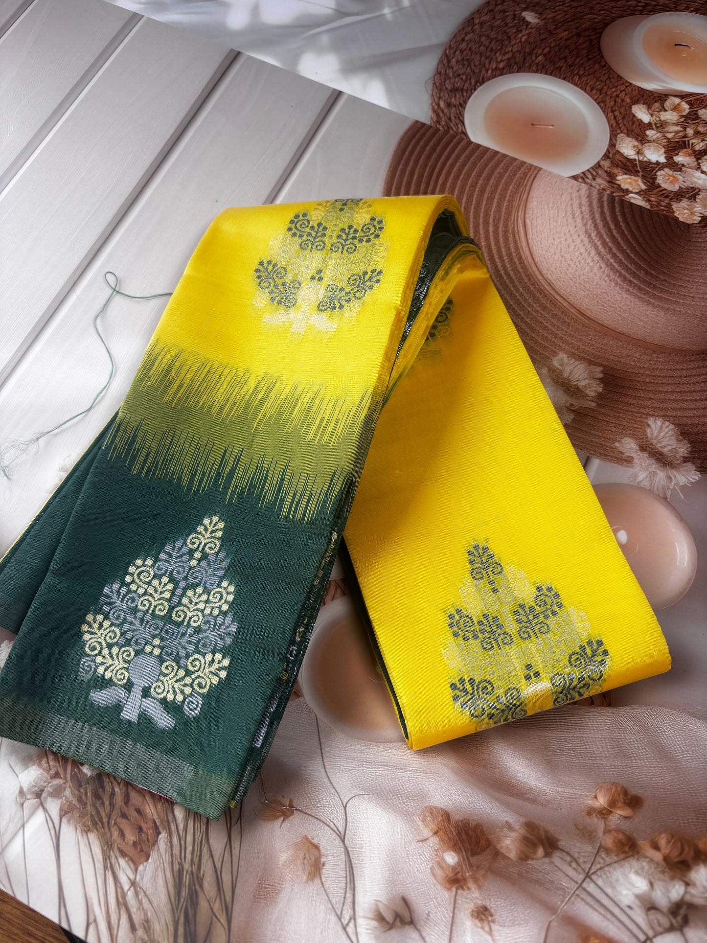 Harita Deepa1 – Yellow & Bottle Green Soft Kanchivaram Silk Saree