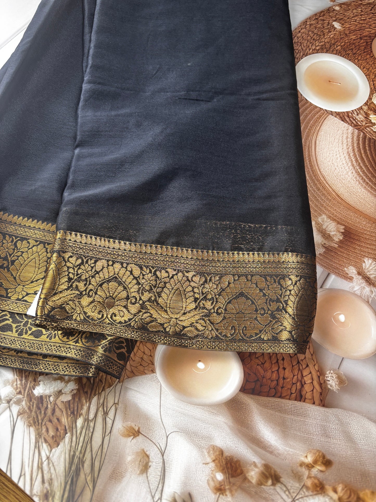 Midnight Elegance Black1 chiffon Silk Saree with Golden Zari Border