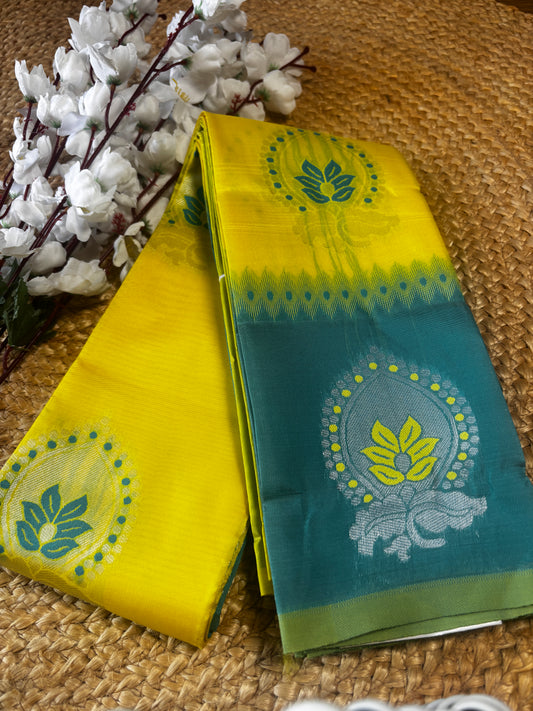 Harita Deepa Radiant Yellow & Teal Kanchivaram Soft Silk Saree