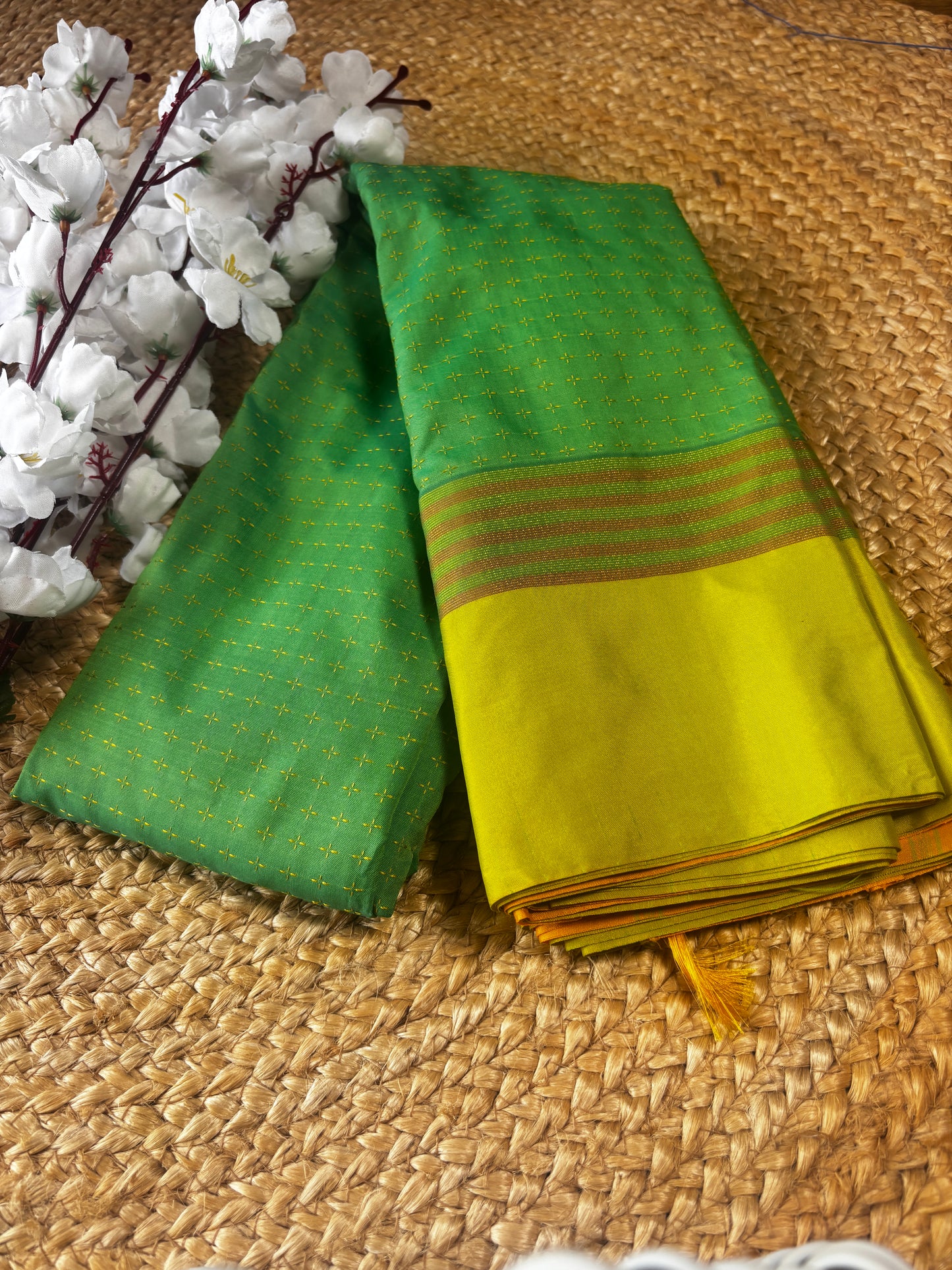 Vrindaa – Green & Yellow Soft Silk Saree