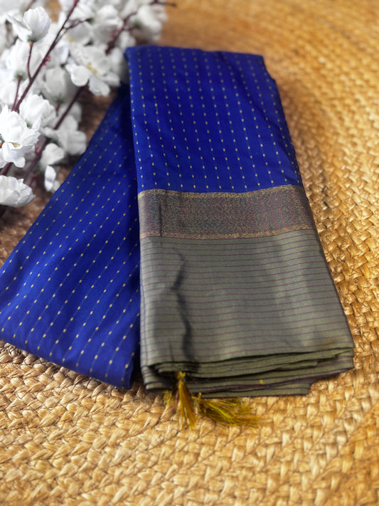 Vrindaa - Royal Blue & Olive Green Soft Silk Saree