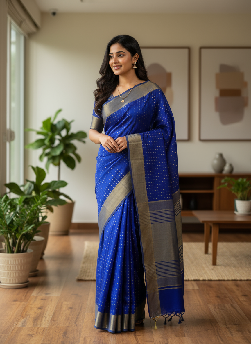 Vrindaa - Royal Blue & Olive Green Soft Silk Saree