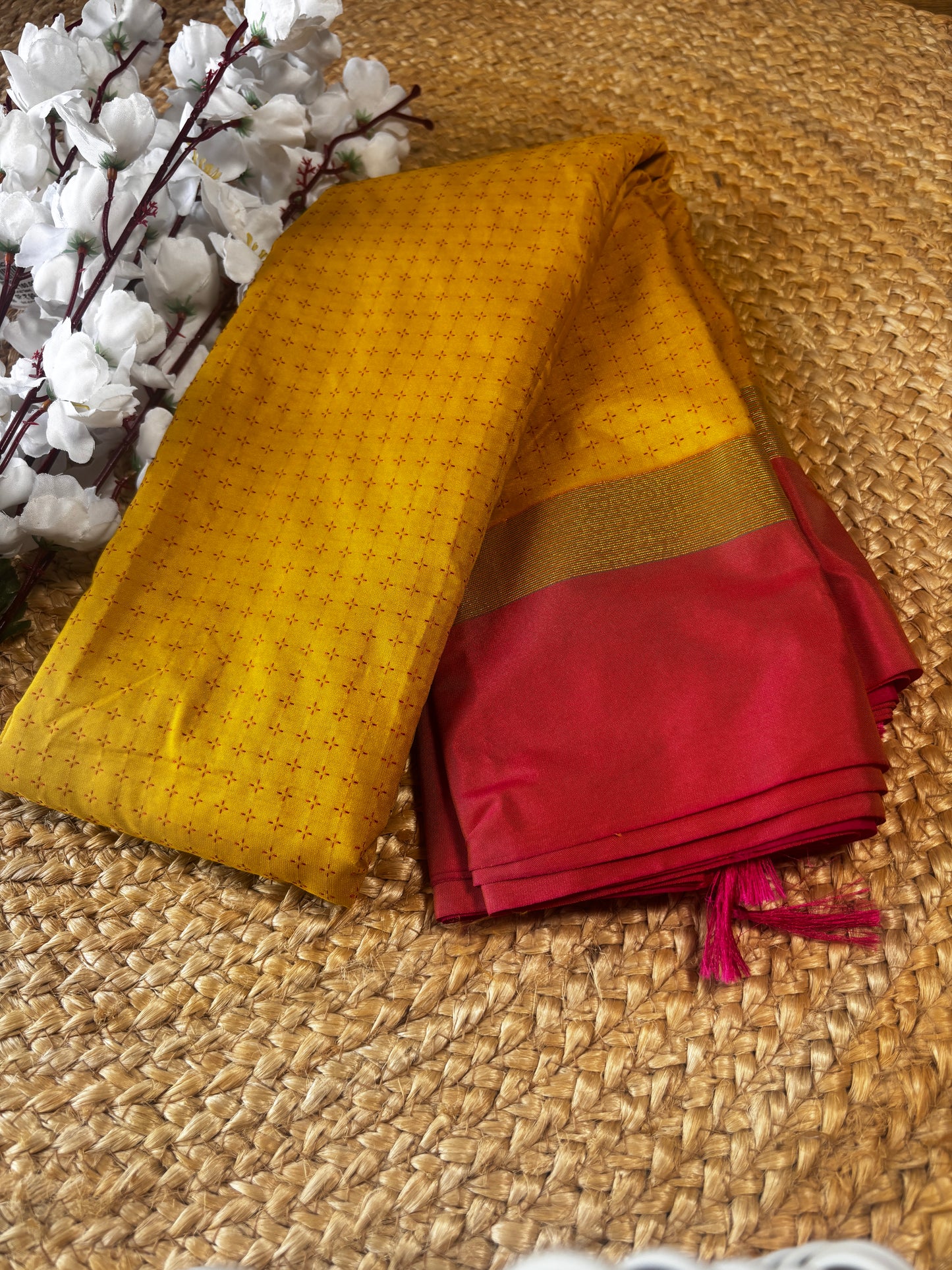 Vrindaa – Mustard Yellow & Maroon Soft Silk Saree
