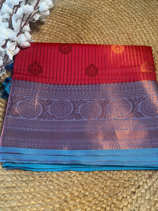 Pink and Blue Lining Silk Saree