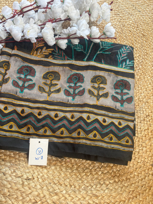 Mishi Black Cotton Saree with Artistic Kantha Work