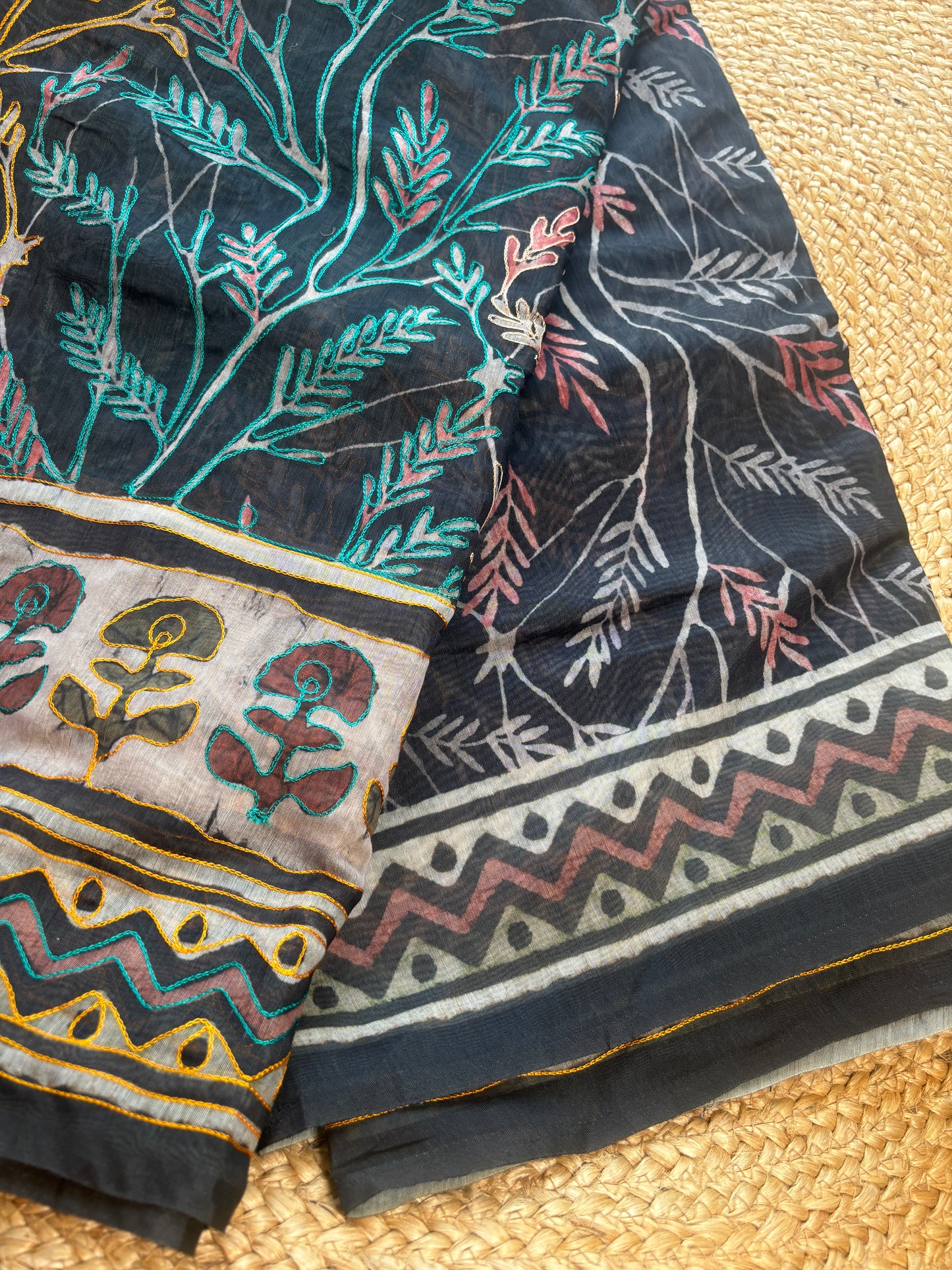 Mishi Black Cotton Saree with Artistic Kantha Work