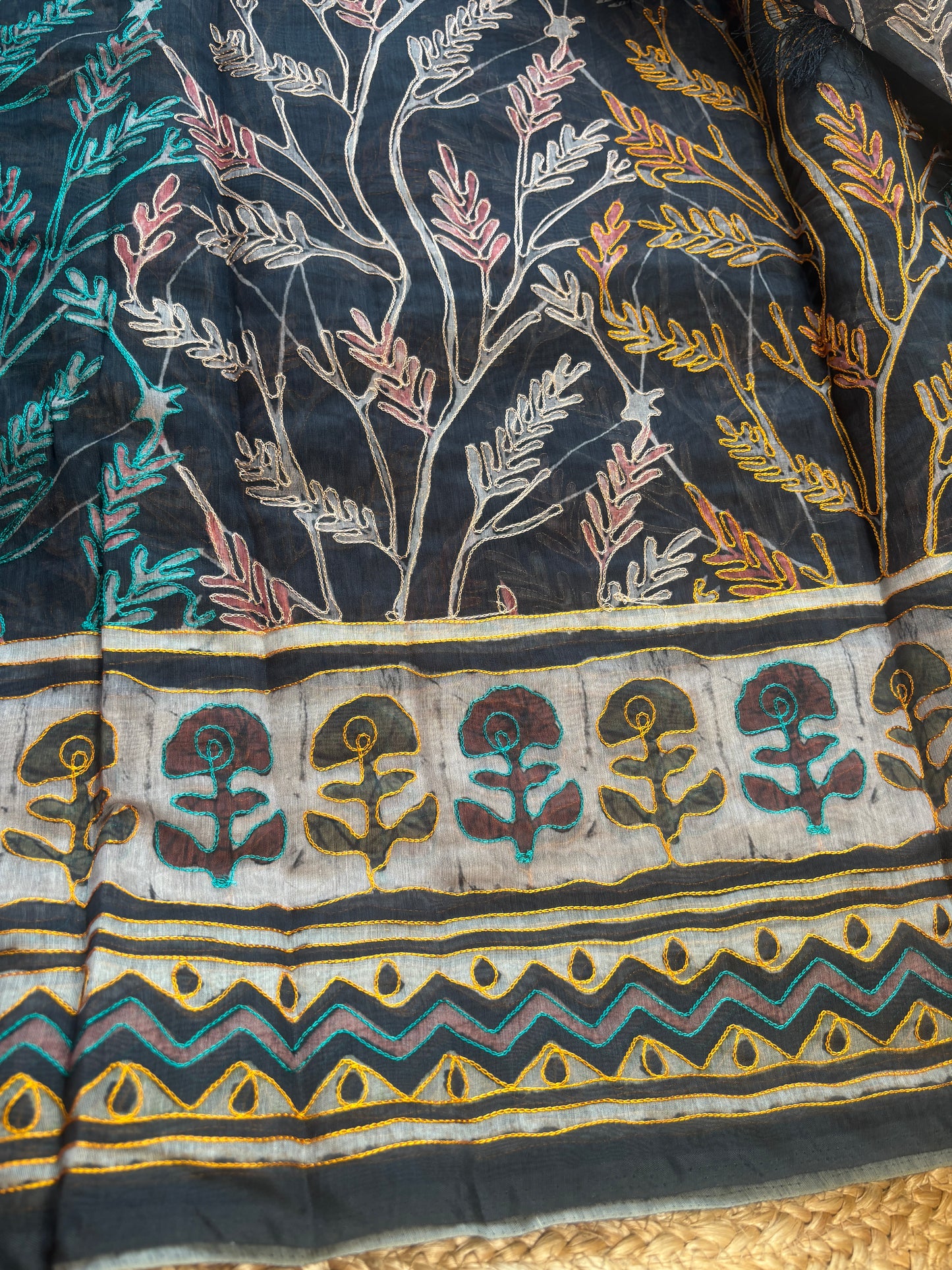 Mishi Black Cotton Saree with Artistic Kantha Work