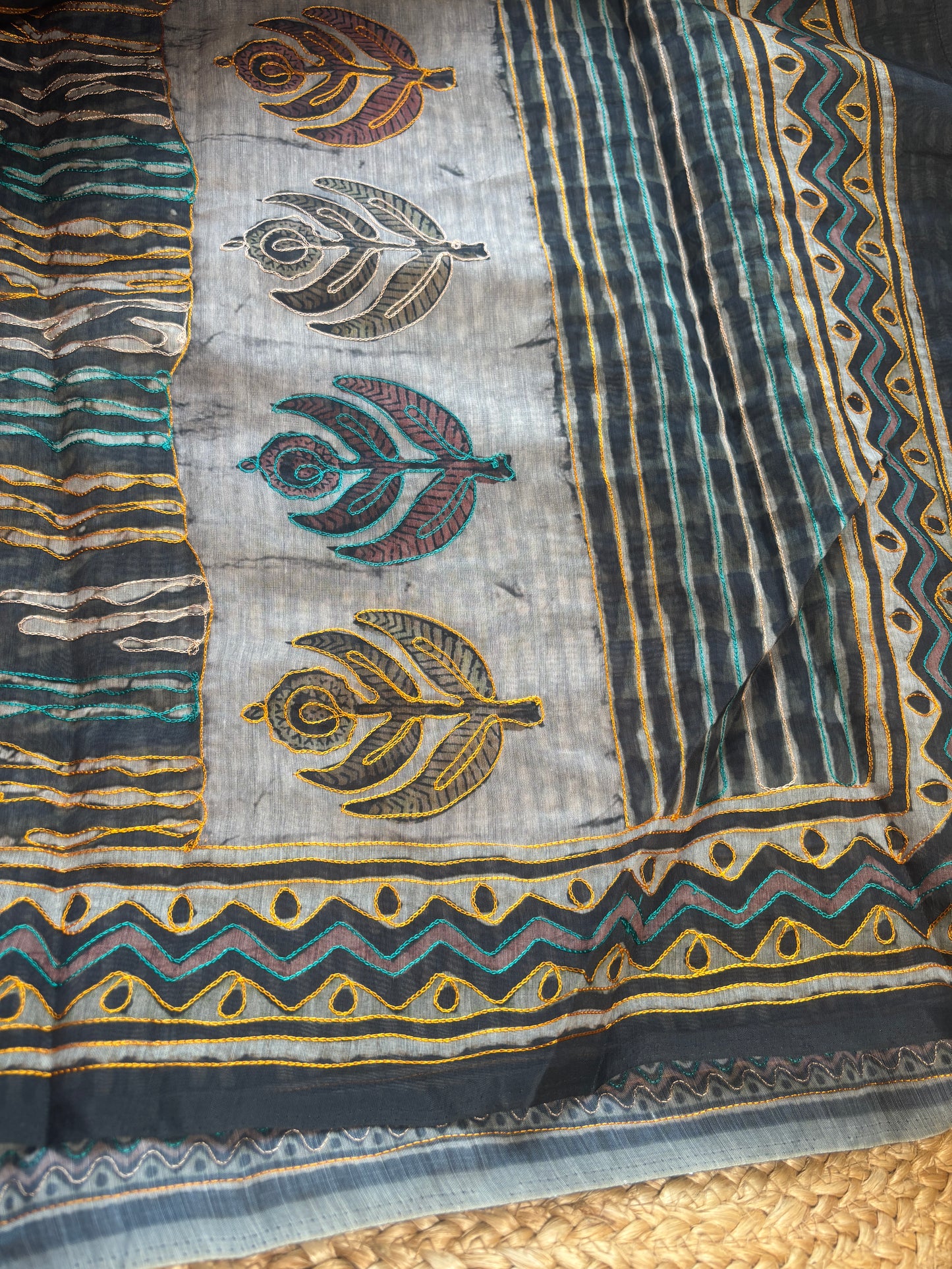 Mishi Black Cotton Saree with Artistic Kantha Work