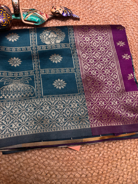Anvika Teal Blue & Orchid Purple Soft Silk Saree | Radhe Ethnics