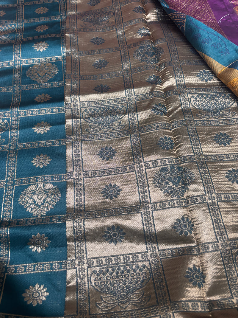 Anvika Teal Blue & Orchid Purple Soft Silk Saree | Radhe Ethnics