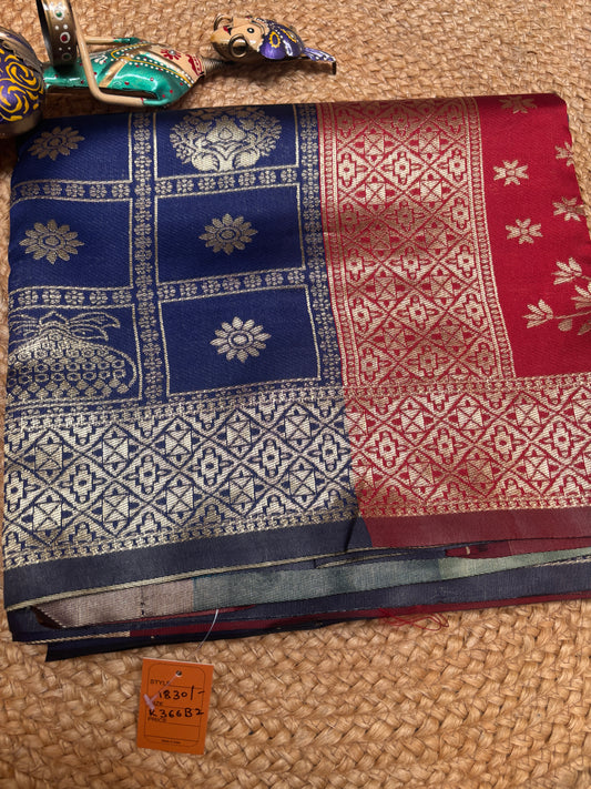 Anvika Royal Blue & Ruby Red Soft Silk Saree | Radhe Ethnics