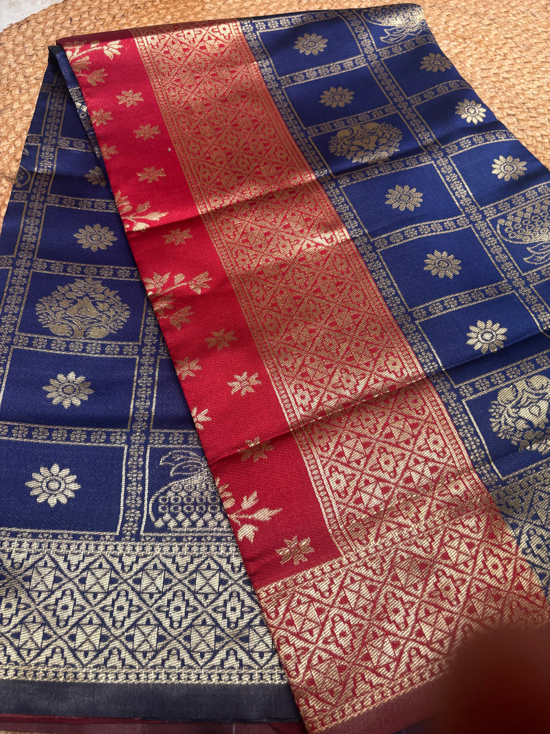 Anvika Royal Blue & Ruby Red Soft Silk Saree | Radhe Ethnics