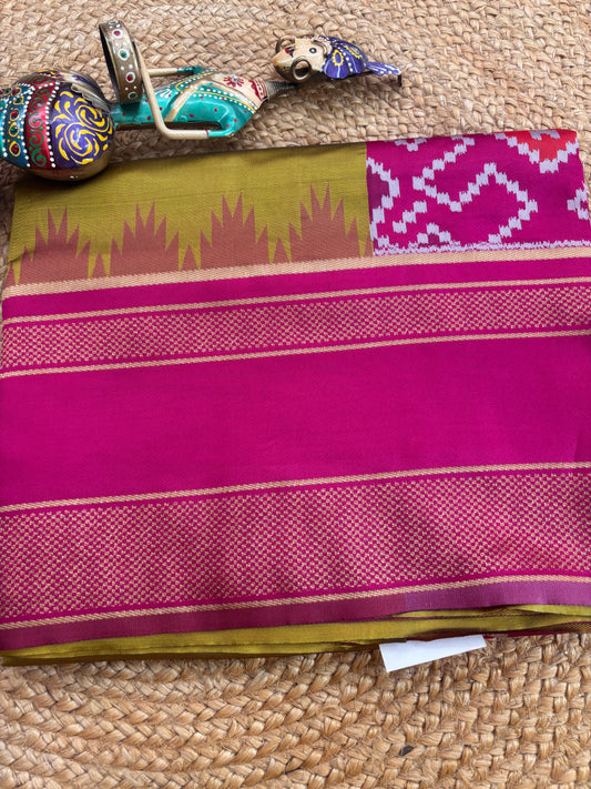 Rani Pink Ikat Silk Saree with Temple Border | Radhe Ethnics