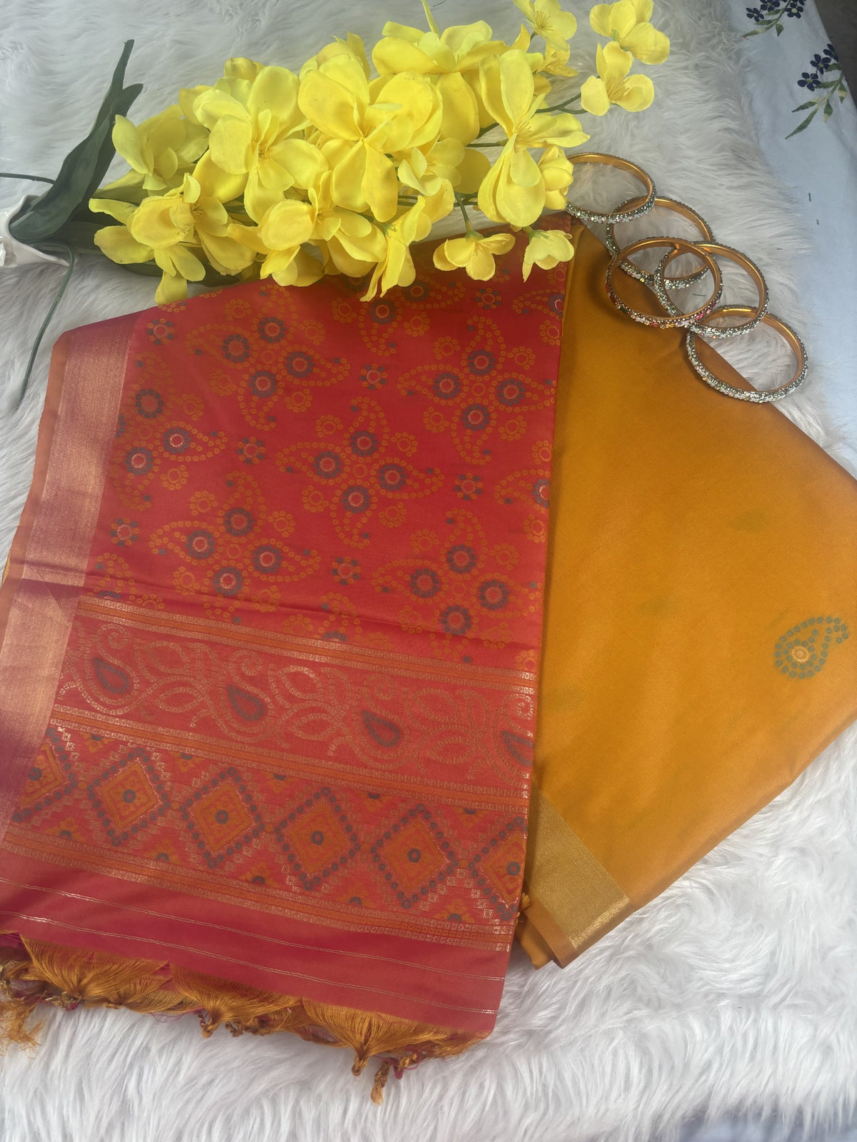 Ria Mustard Yellow & Pink Soft Silk Saree | Radhe Ethnics
