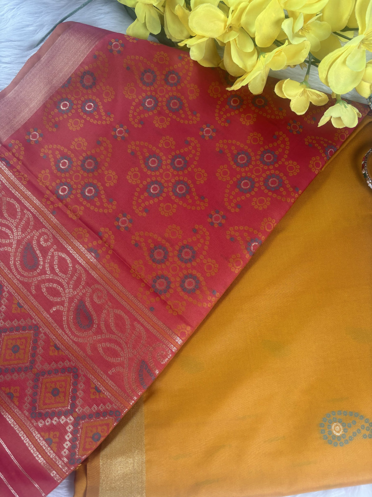 Ria Mustard Yellow & Pink Soft Silk Saree | Radhe Ethnics