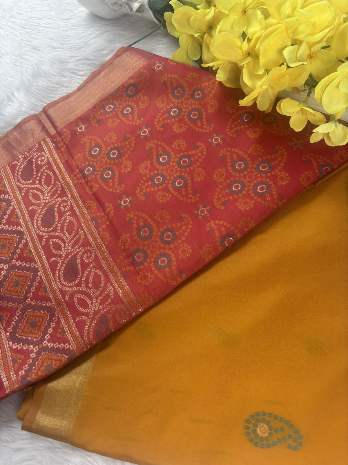 Ria Mustard Yellow & Pink Soft Silk Saree | Radhe Ethnics