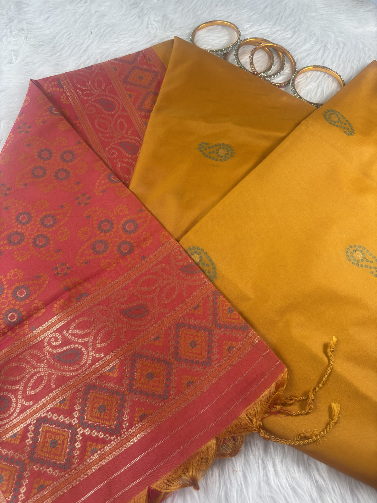 Ria Mustard Yellow & Pink Soft Silk Saree | Radhe Ethnics