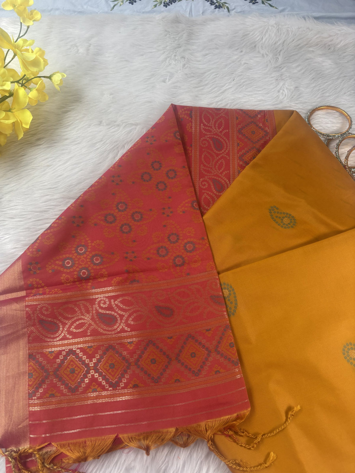 Ria Mustard Yellow & Pink Soft Silk Saree | Radhe Ethnics