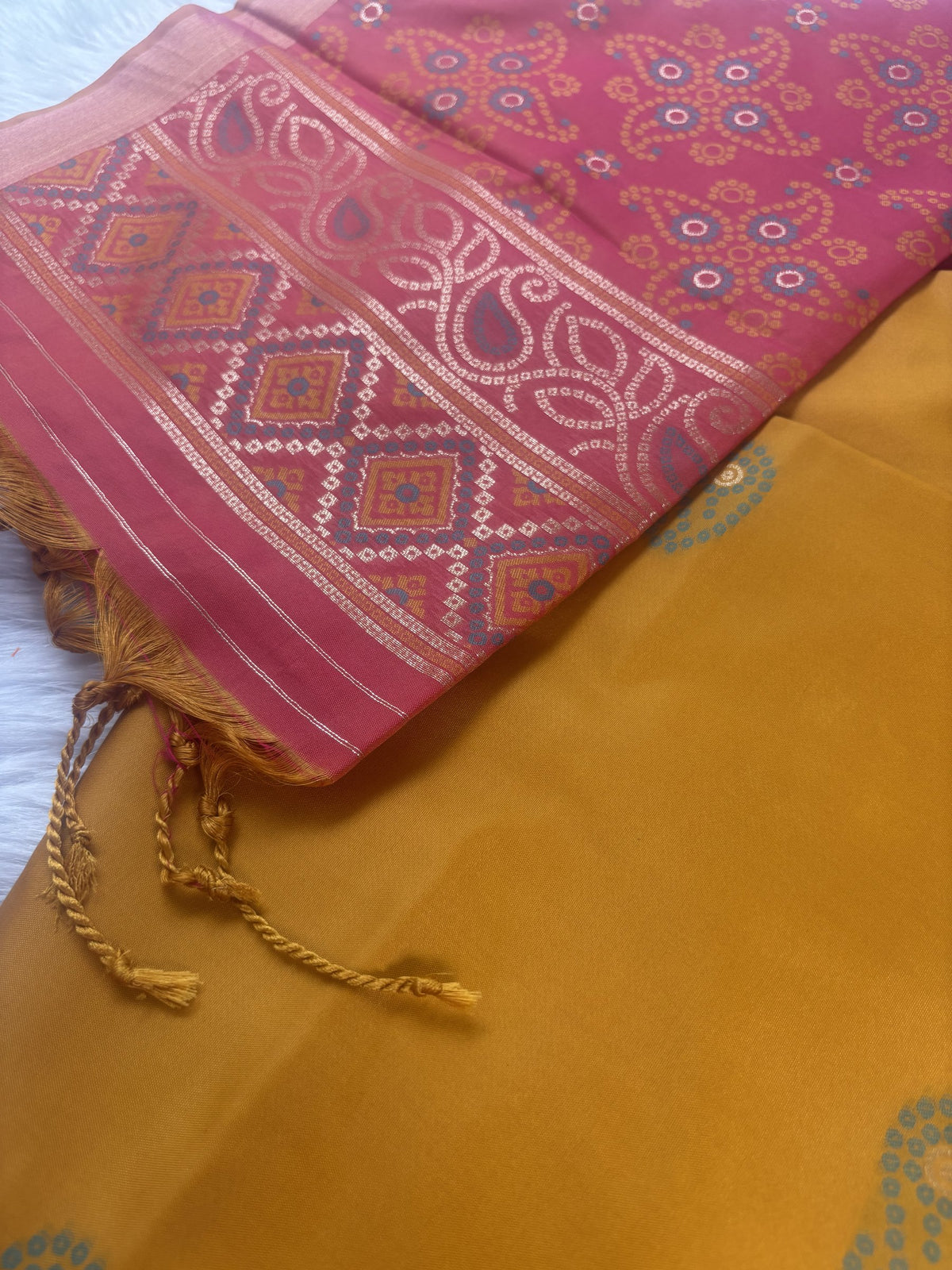 Ria Mustard Yellow & Pink Soft Silk Saree | Radhe Ethnics