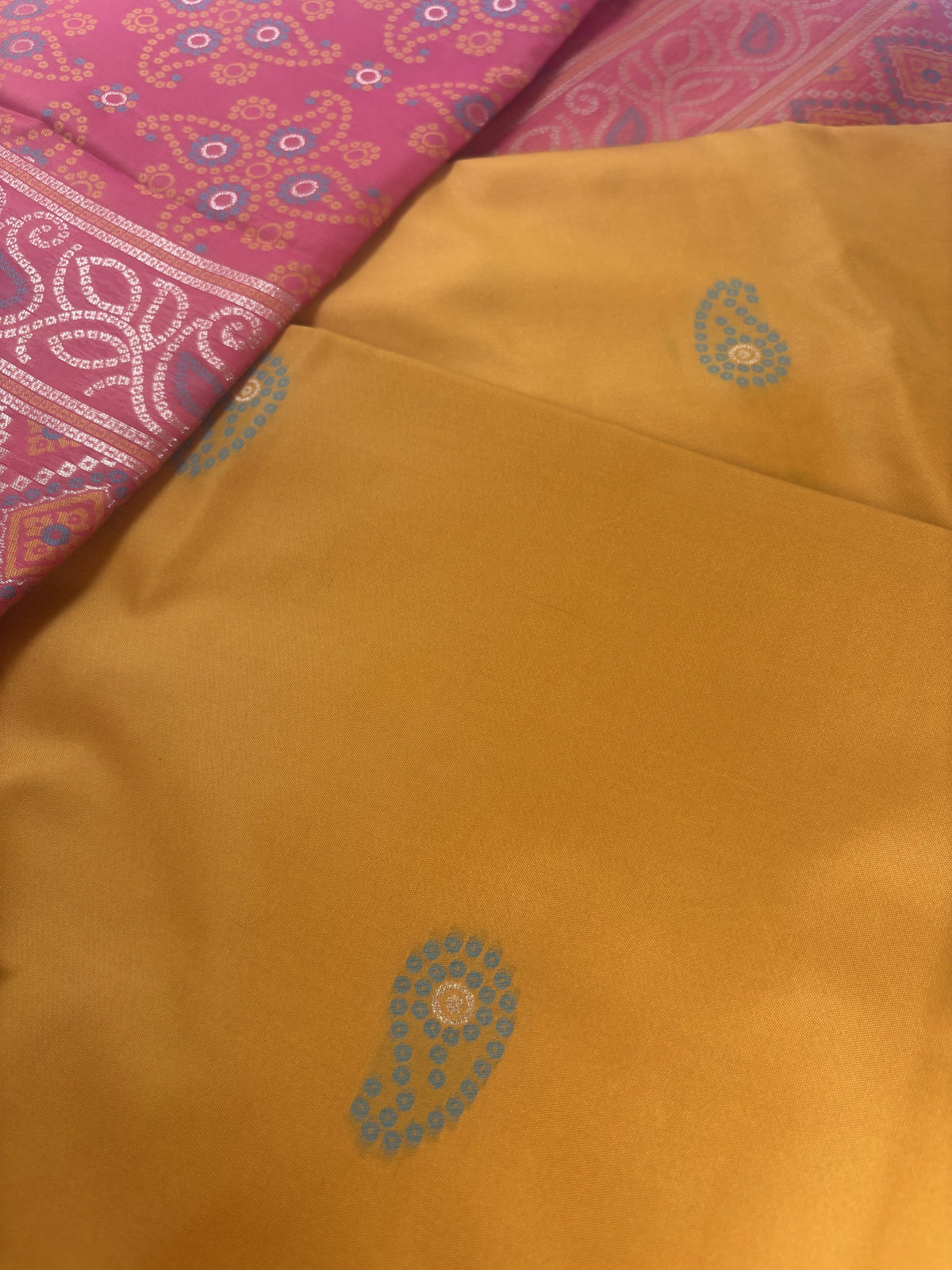 Ria Mustard Yellow & Pink Soft Silk Saree | Radhe Ethnics