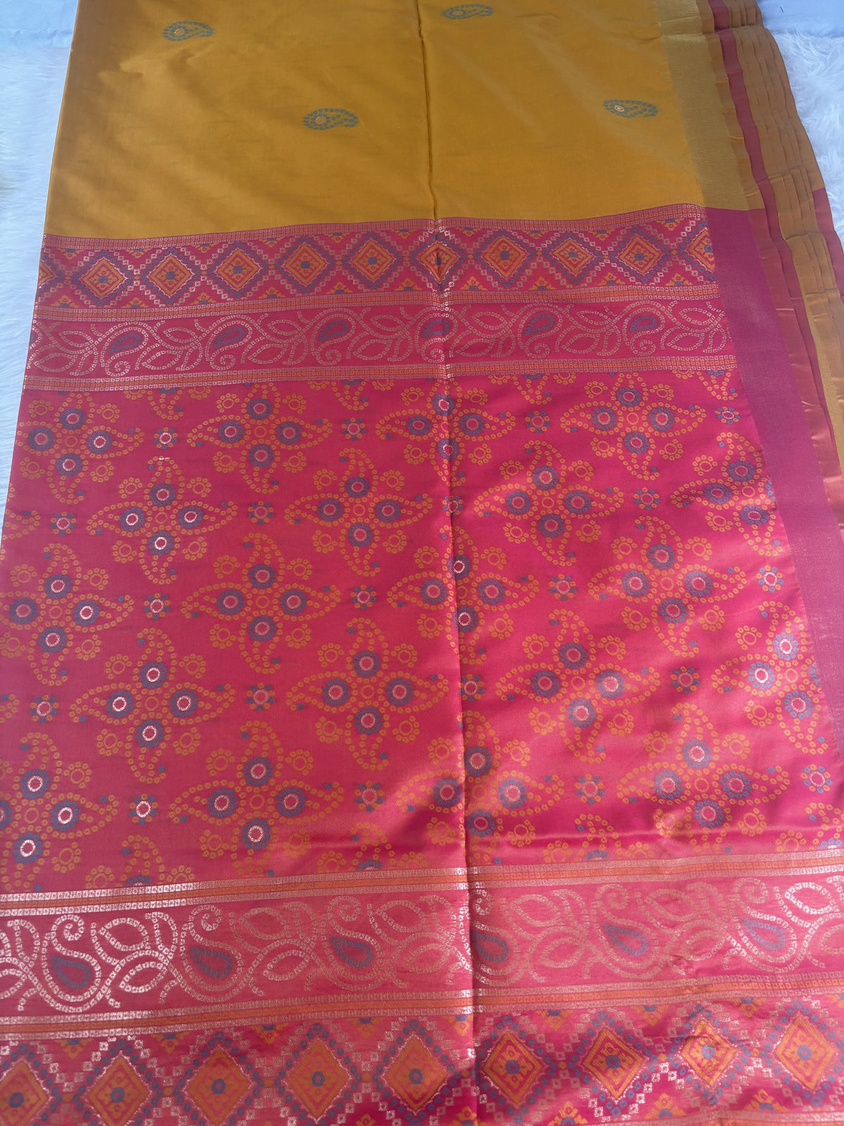 Ria Mustard Yellow & Pink Soft Silk Saree | Radhe Ethnics