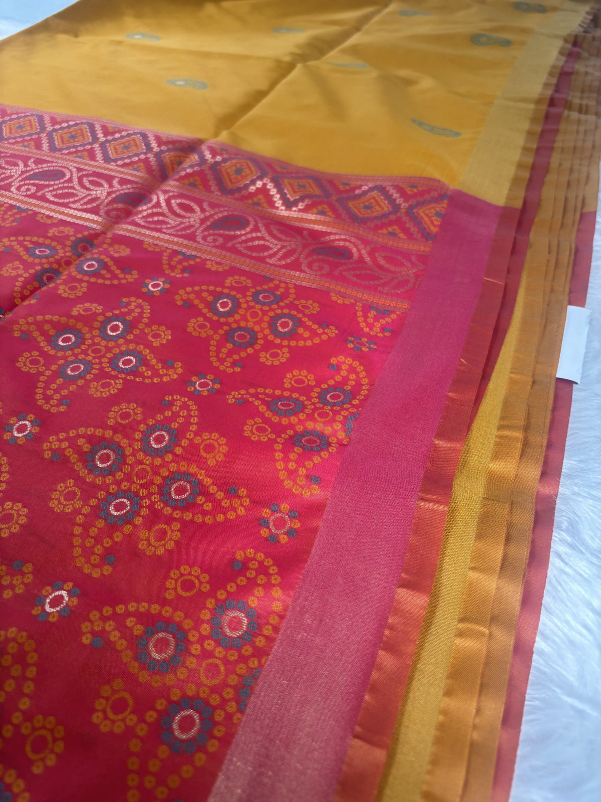Ria Mustard Yellow & Pink Soft Silk Saree | Radhe Ethnics