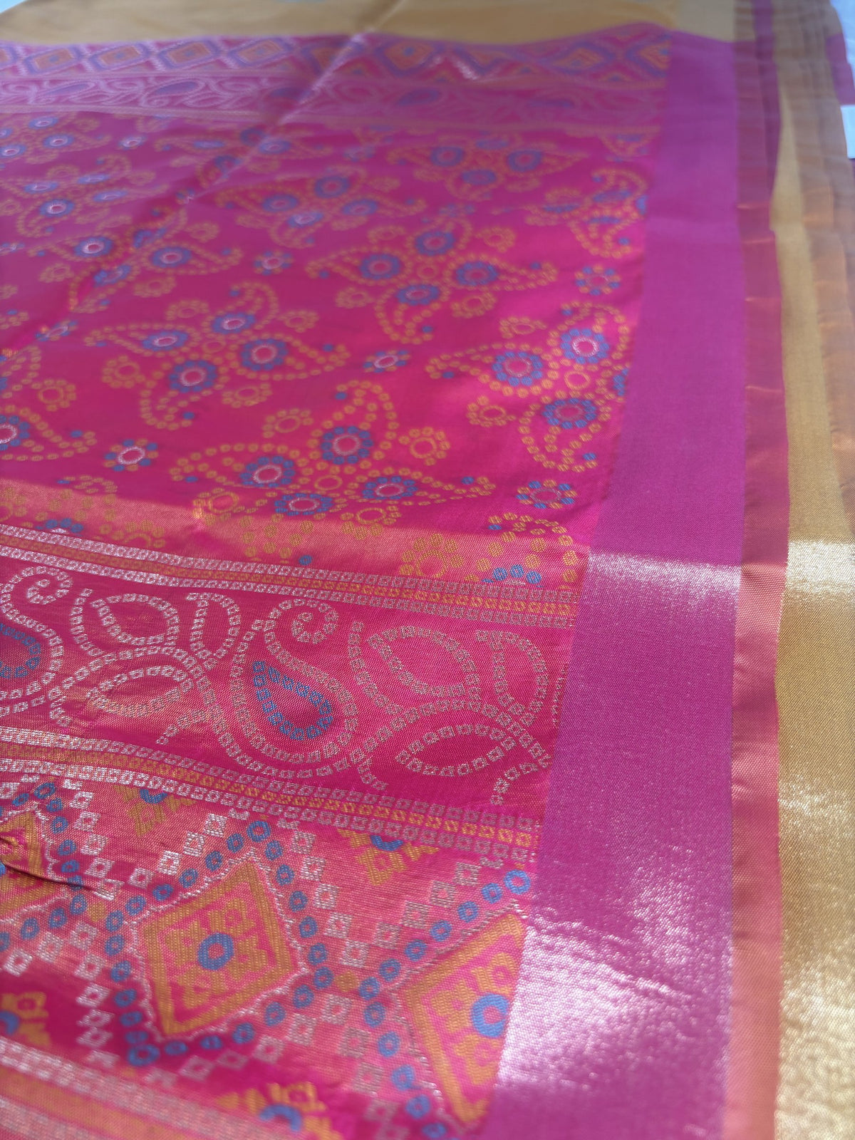 Ria Mustard Yellow & Pink Soft Silk Saree | Radhe Ethnics