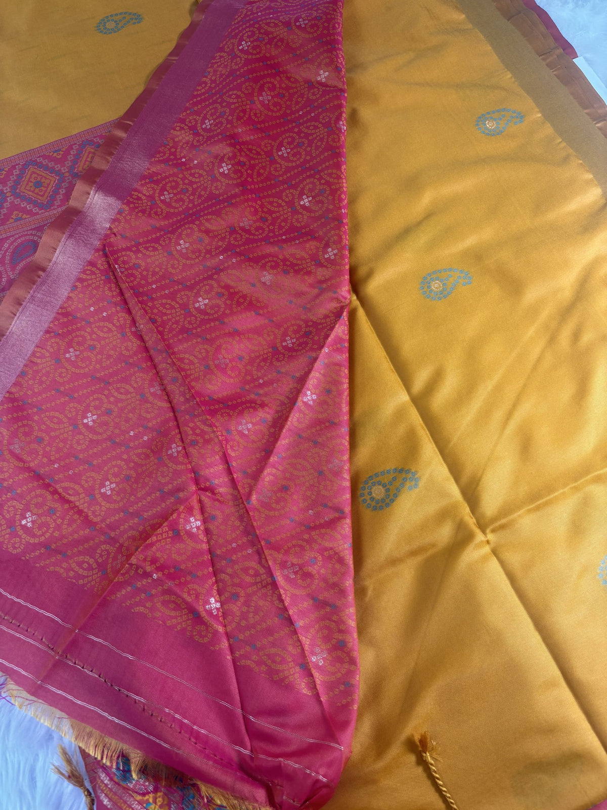 Ria Mustard Yellow & Pink Soft Silk Saree | Radhe Ethnics