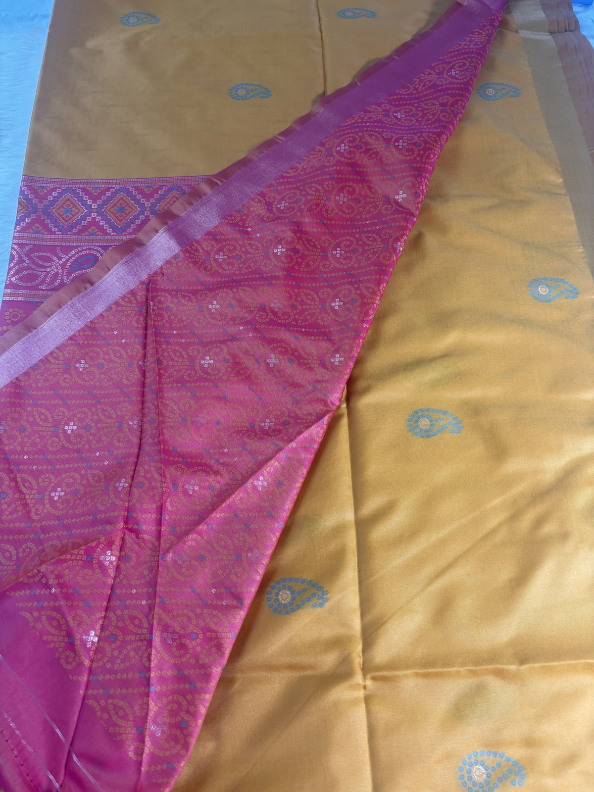 Ria Mustard Yellow & Pink Soft Silk Saree | Radhe Ethnics