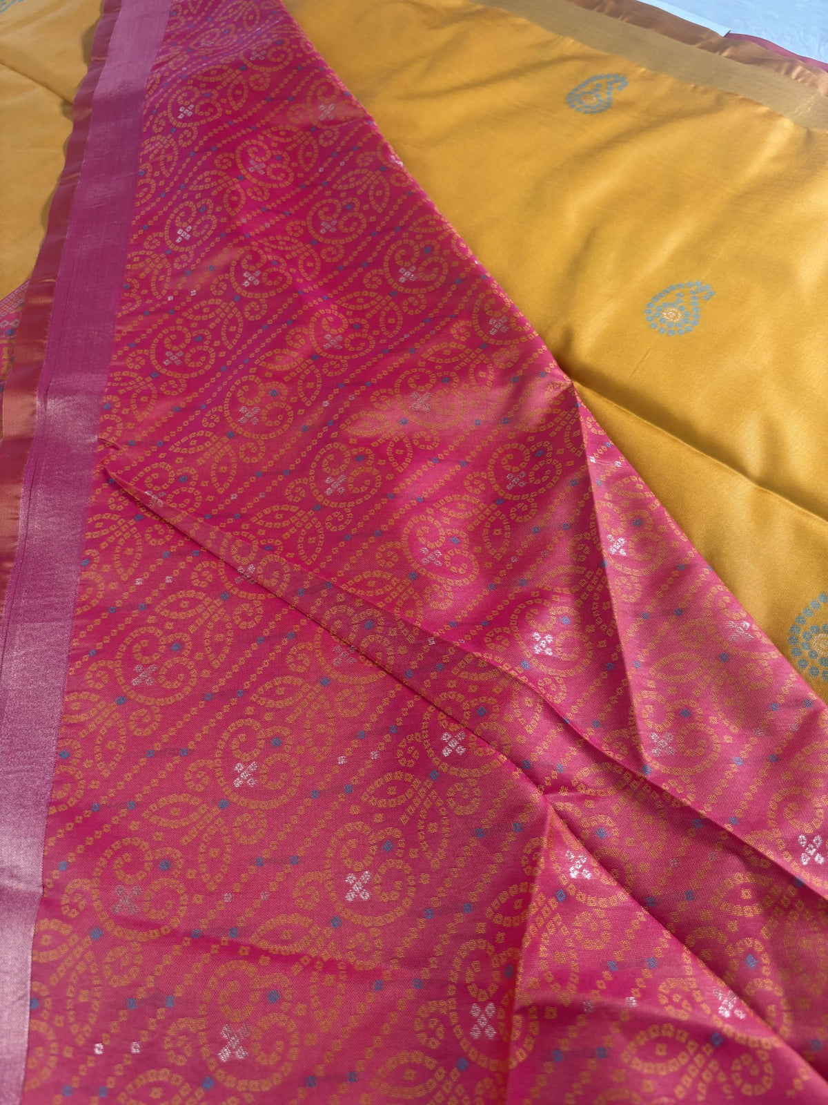 Ria Mustard Yellow & Pink Soft Silk Saree | Radhe Ethnics