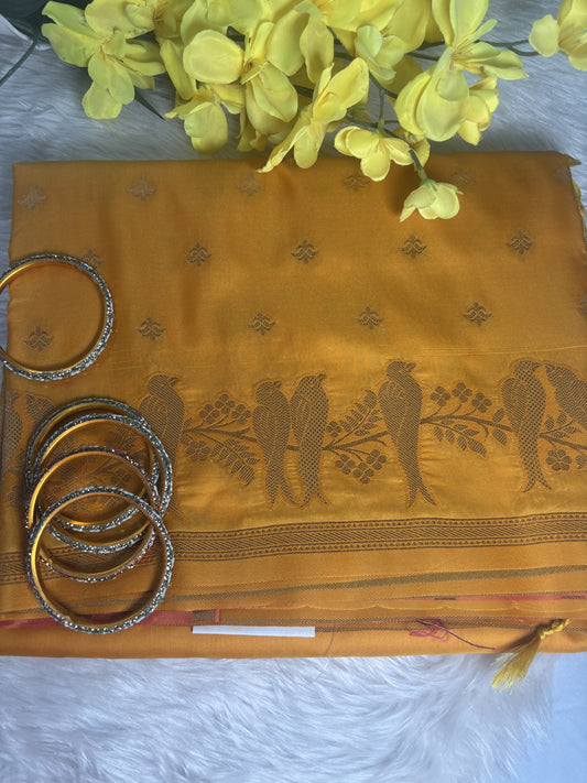 Vamika Mustard Yellow Soft Silk Saree with Pink Pallu | Radhe Ethnics