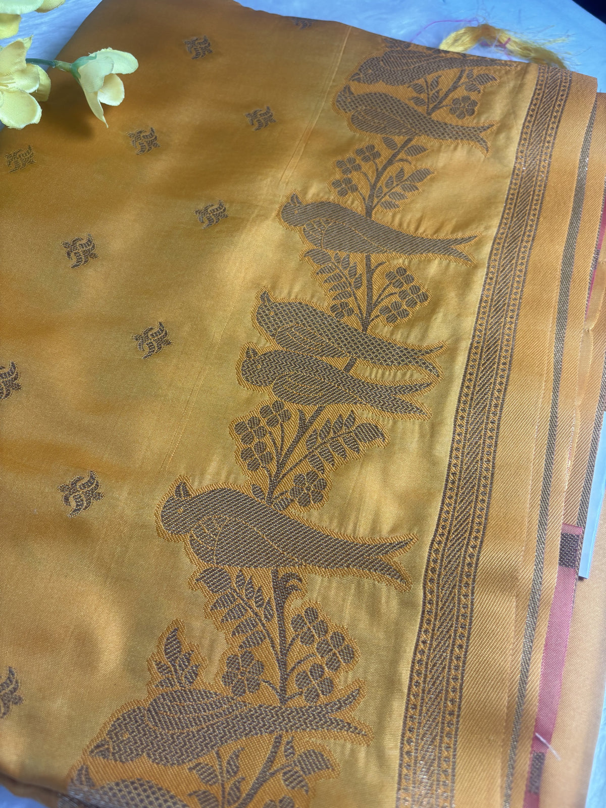 Vamika Mustard Yellow Soft Silk Saree with Pink Pallu | Radhe Ethnics