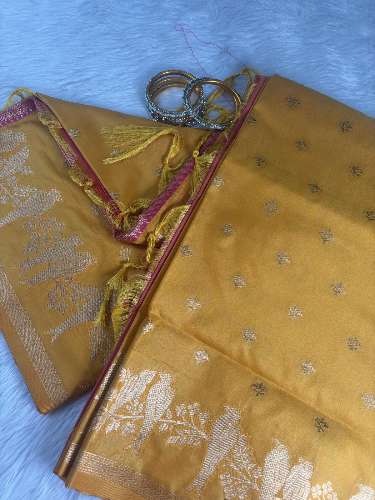 Vamika Mustard Yellow Soft Silk Saree with Pink Pallu | Radhe Ethnics