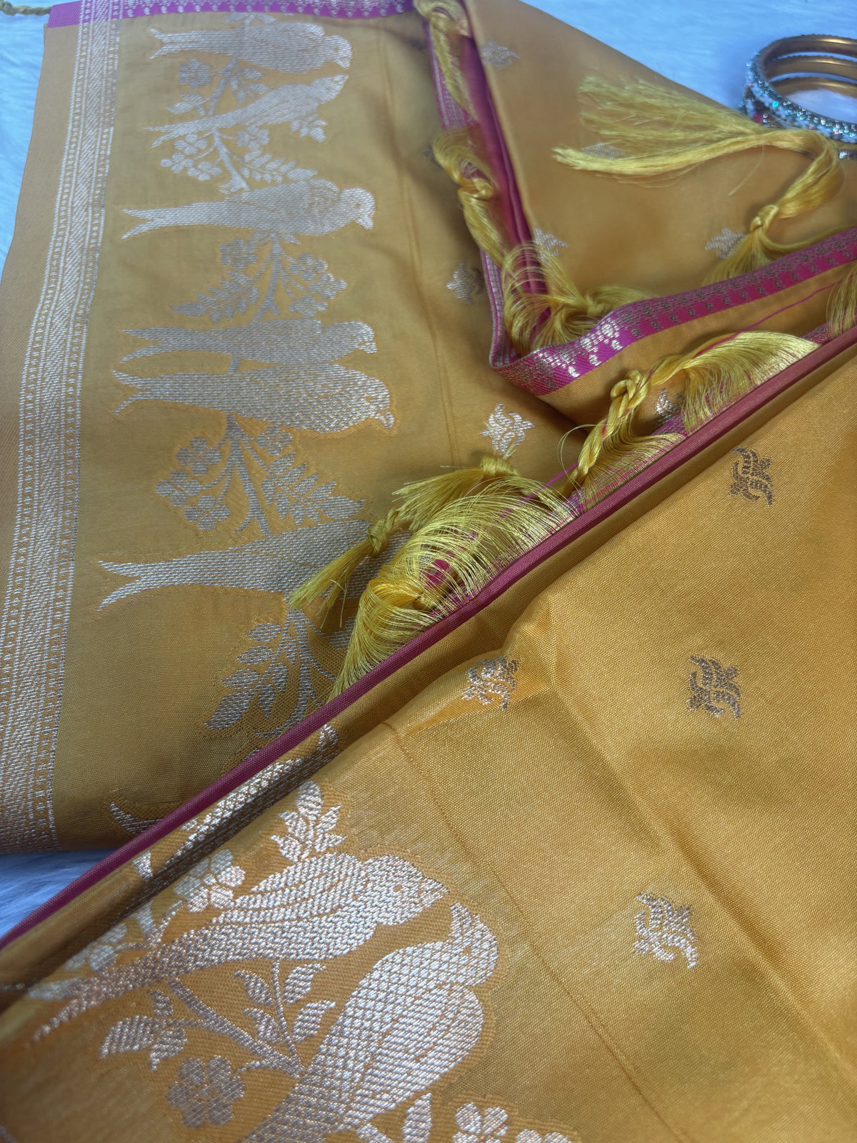 Vamika Mustard Yellow Soft Silk Saree with Pink Pallu | Radhe Ethnics