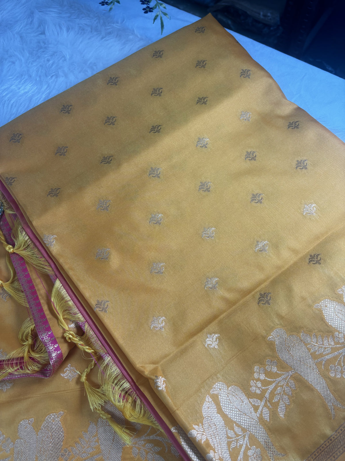 Vamika Mustard Yellow Soft Silk Saree with Pink Pallu | Radhe Ethnics
