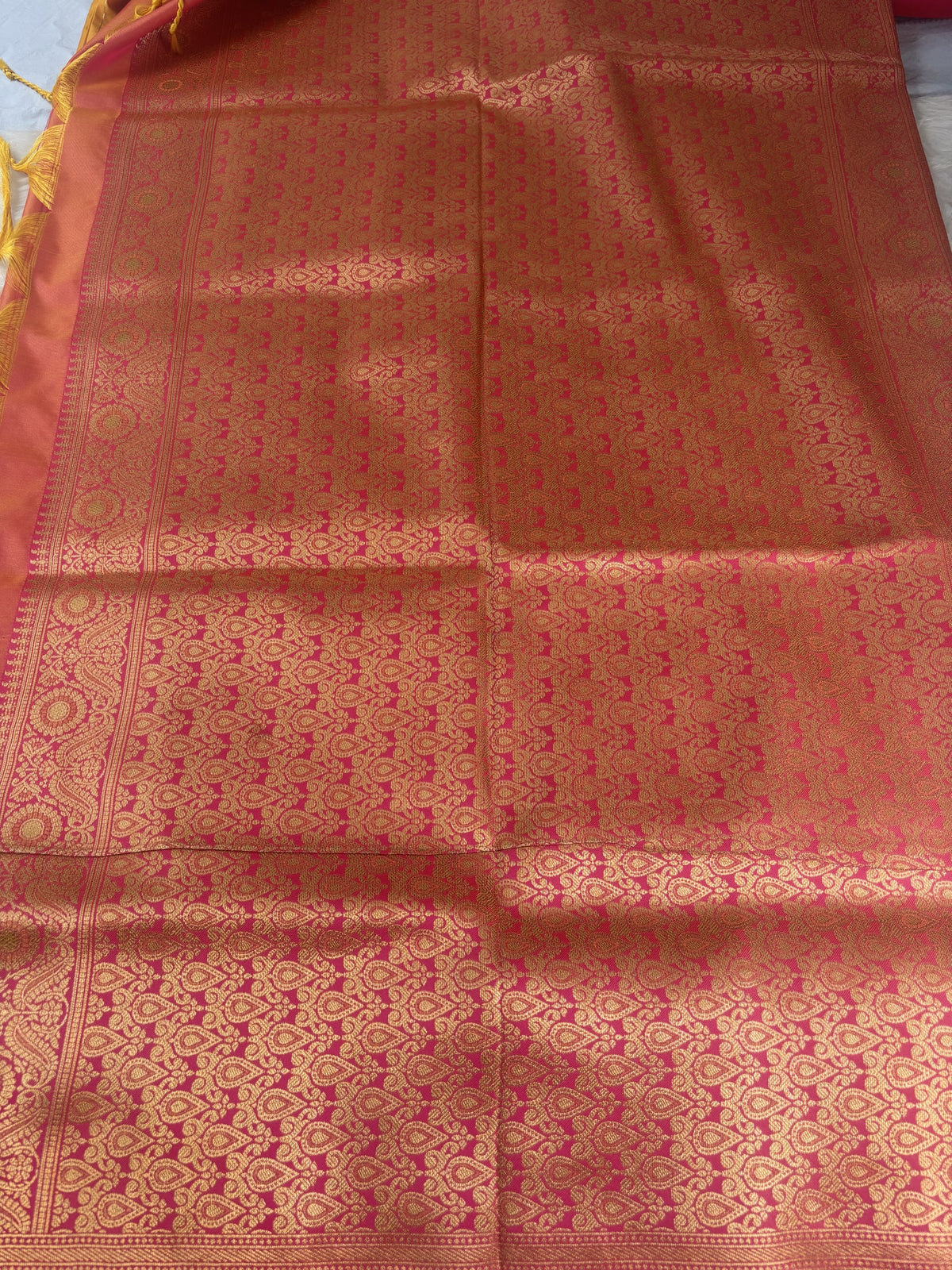 Vamika Mustard Yellow Soft Silk Saree with Pink Pallu | Radhe Ethnics