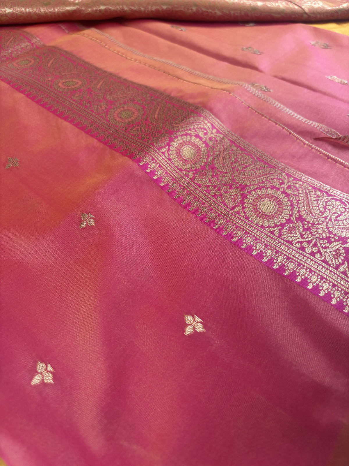 Vamika Mustard Yellow Soft Silk Saree with Pink Pallu | Radhe Ethnics