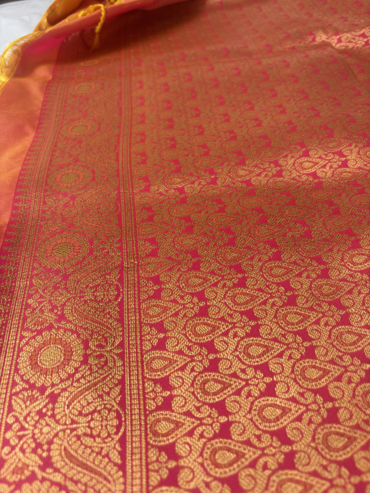 Vamika Mustard Yellow Soft Silk Saree with Pink Pallu | Radhe Ethnics
