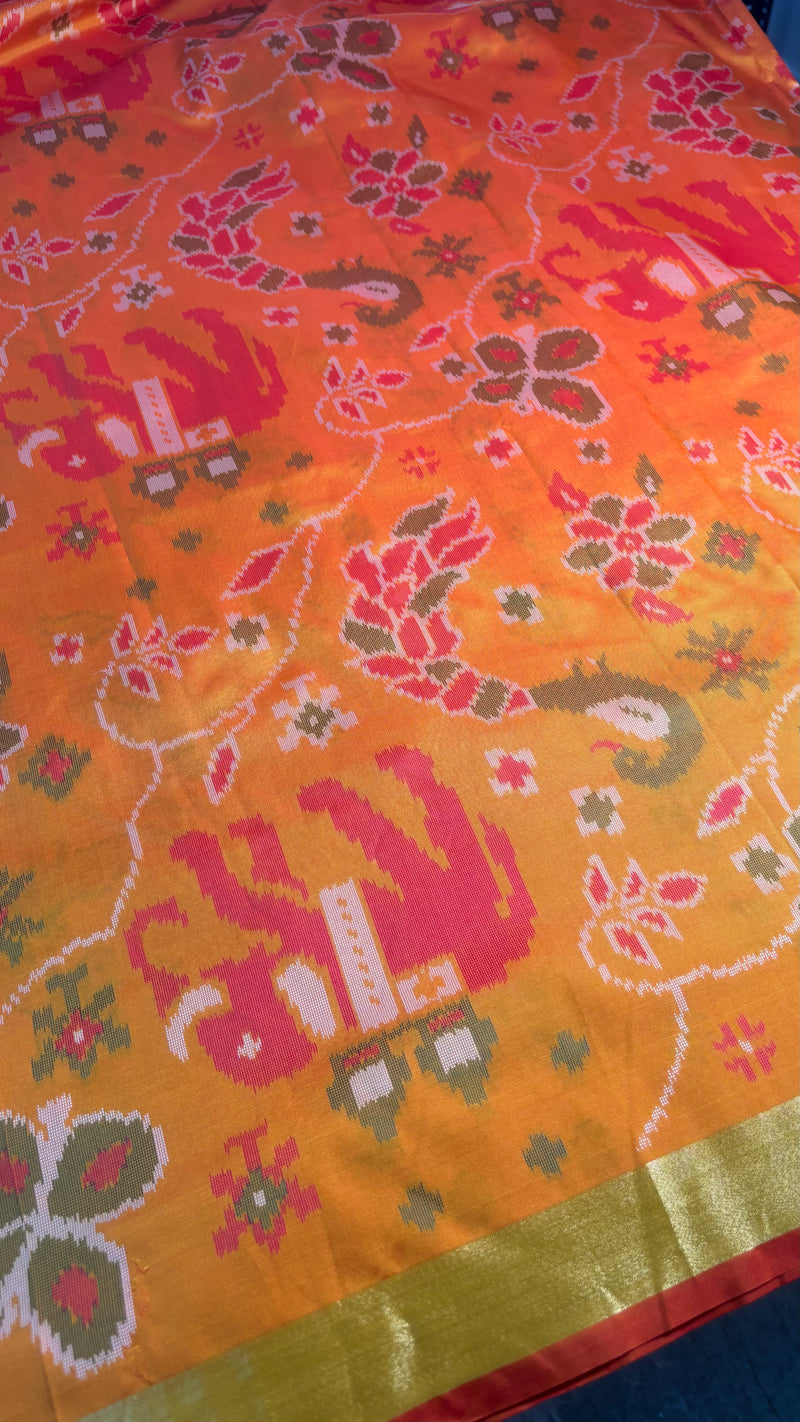 Maya Yellow Ikkat Print Sift Blended Silk Saree| Radhe Ethnics