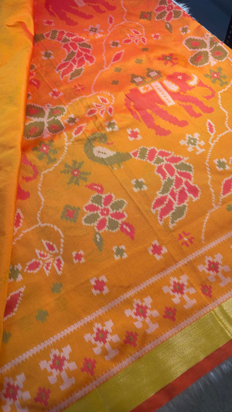 Maya Yellow Ikkat Print Sift Blended Silk Saree| Radhe Ethnics